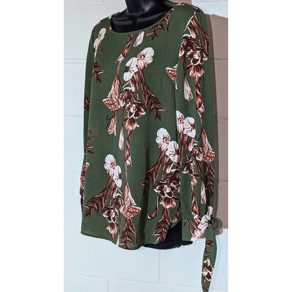Lara Fashion Floral Print Long Sleeve Blouse Olive Green Tie Cuff Top Small - Picture 2 of 5